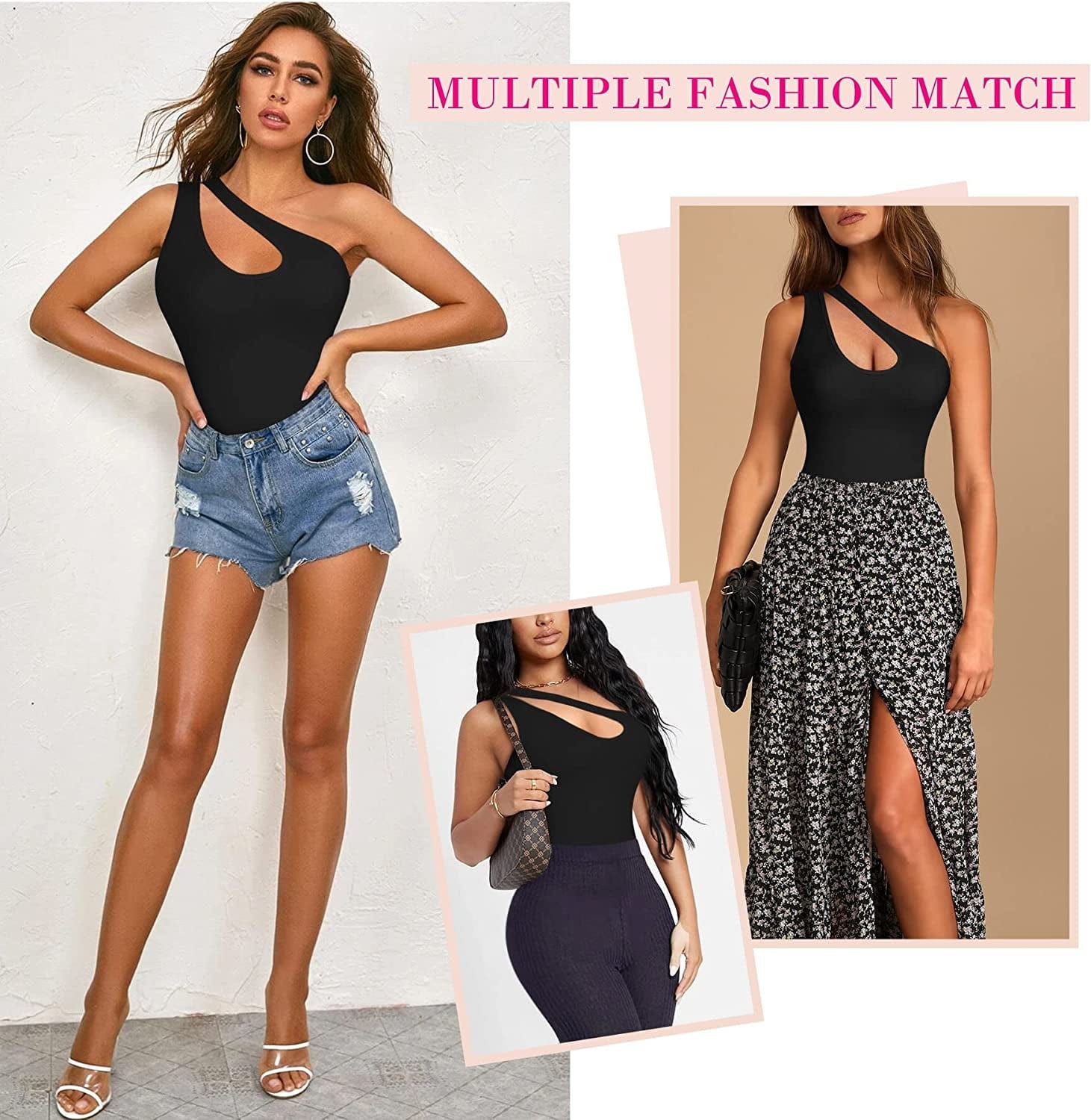 Nebility Shapewear Bodysuit for Women Sexy One Shoulder Cutout Backless Sleeveless Tank Top Thong Jumpsuit Body Shaper