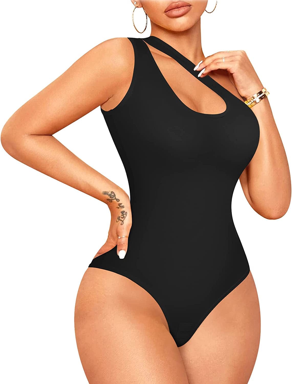 Nebility Shapewear Bodysuit for Women Sexy One Shoulder Cutout Backless Sleeveless Tank Top Thong Jumpsuit Body Shaper Black / 3X-Large