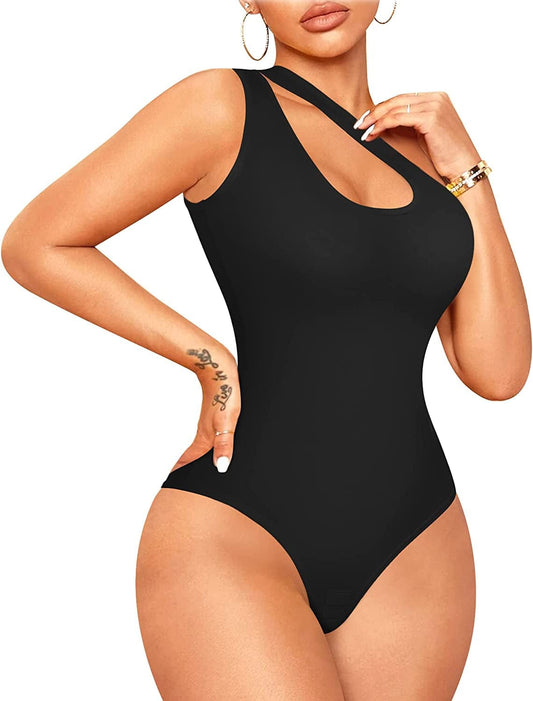 Nebility Shapewear Bodysuit for Women Sexy One Shoulder Cutout Backless Sleeveless Tank Top Thong Jumpsuit Body Shaper Black / 3X-Large