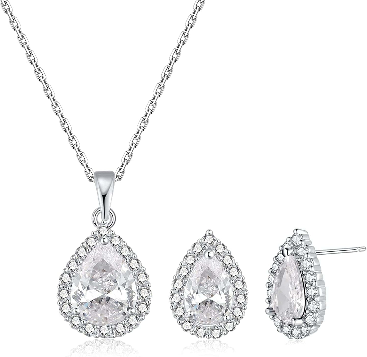 Necklace and Earrings Set Sterling Silver Plated 5A Cubic Zirconia Teardrop/Square/Heart Pendant Jewelry Set Wedding Party Gifts for Girlfriend Mom Wife C-Sliver
