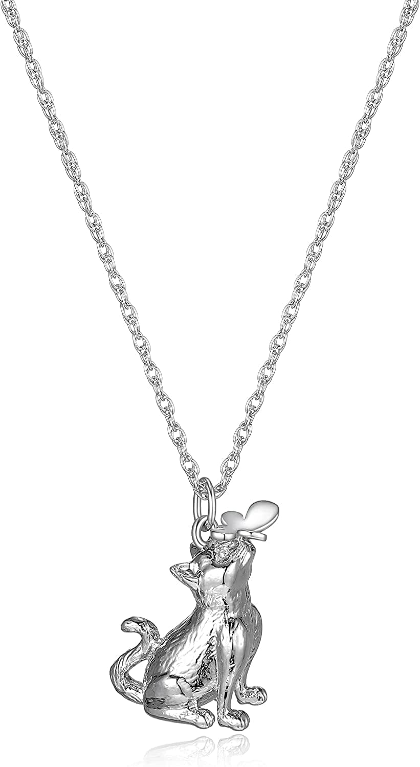 Necklace for Women and Girls - Rhodium Plated Sterling Silver Necklace with Dog or Cat Breed Pendant Rope Chain with Easy Closure Lobster Claw Clasp, 18 Inch Cat & Butterfly
