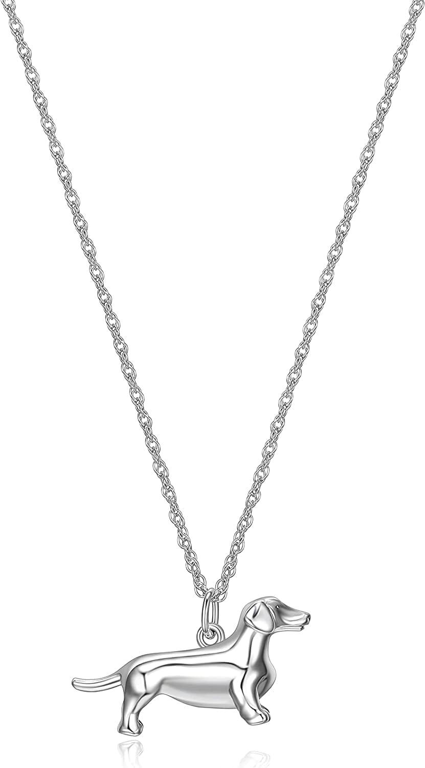 Necklace for Women and Girls - Rhodium Plated Sterling Silver Necklace with Dog or Cat Breed Pendant Rope Chain with Easy Closure Lobster Claw Clasp, 18 Inch Dachshund