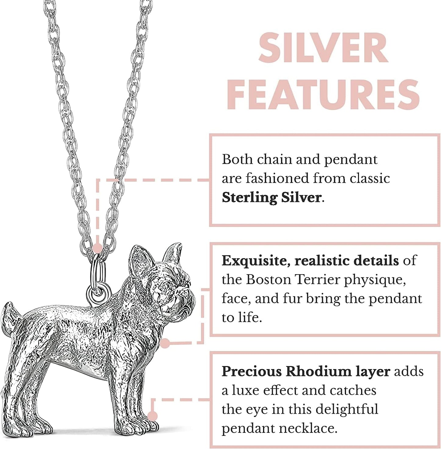 Necklace for Women and Girls - Rhodium Plated Sterling Silver Necklace with Dog or Cat Breed Pendant Rope Chain with Easy Closure Lobster Claw Clasp, 18 Inch