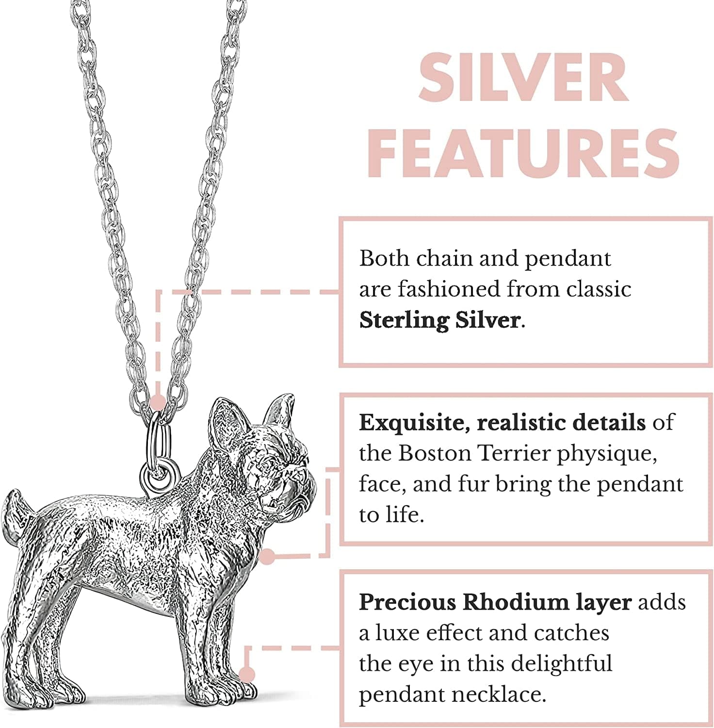 Necklace for Women and Girls - Rhodium Plated Sterling Silver Necklace with Dog or Cat Breed Pendant Rope Chain with Easy Closure Lobster Claw Clasp, 18 Inch