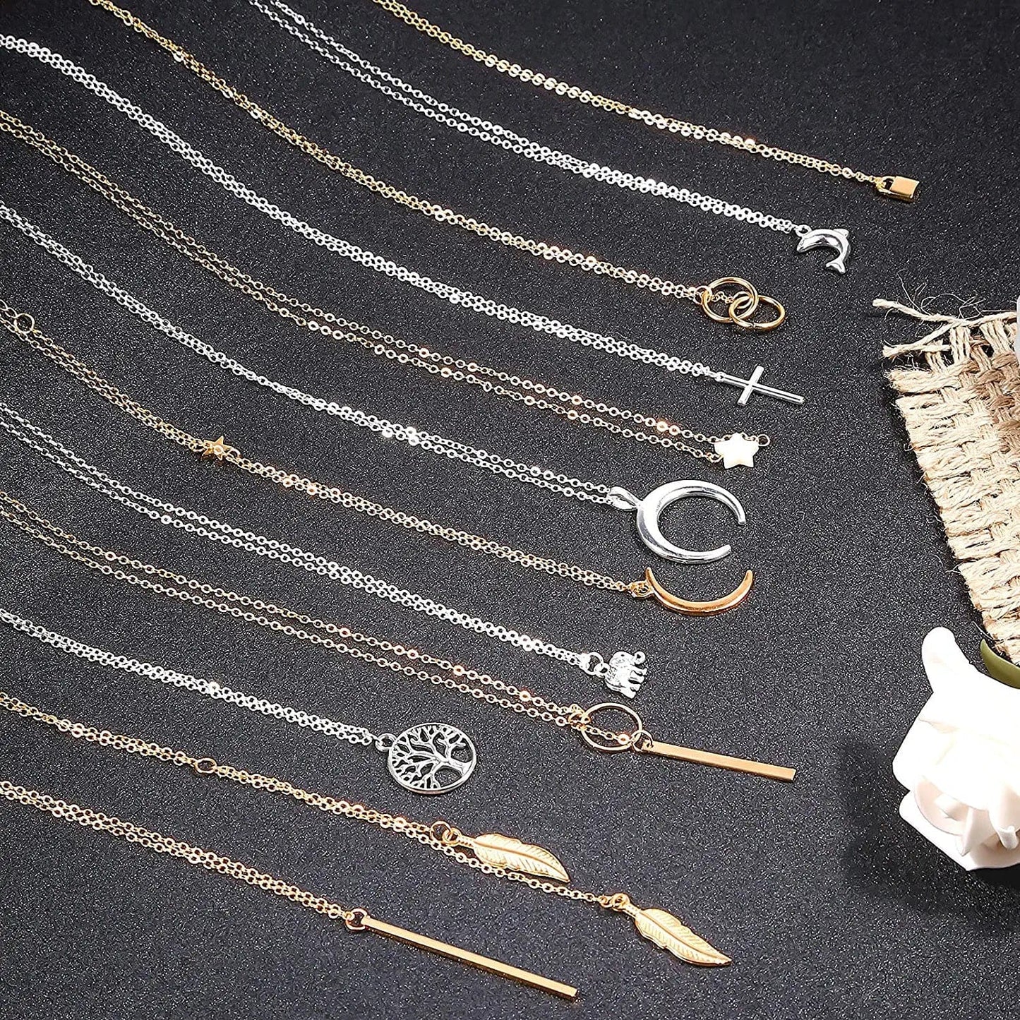 Necklaces Set for Women Teen Girls, 24Pcs Silver Gold Simple Trendy Layered Necklace Pack, Fashion Dangle Pendant Necklaces Costume Jewelry for Sweaters, Jeans, Skirts, Vests and Daily Dress Style 1