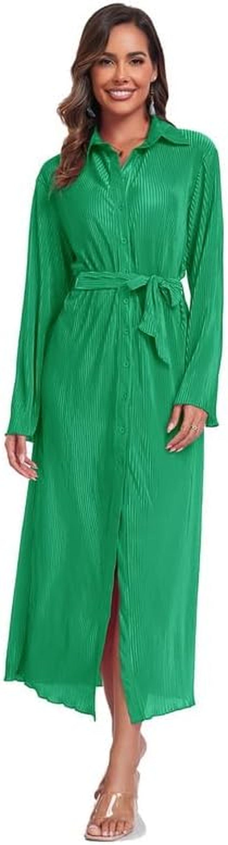 Neufigr Shirt Dresses for Women 2023 Fall Dresses Vneck Long Sleeve Maxi Button down Dress Casual Ruffle Tunic Tops with Belt Green / Medium