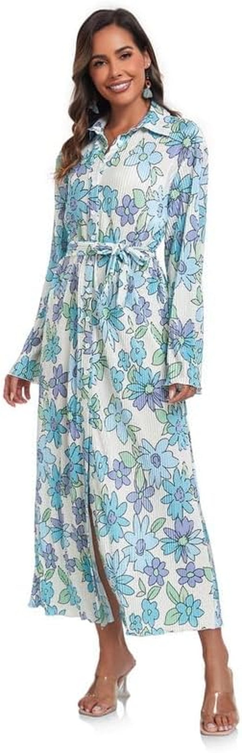 Neufigr Shirt Dresses for Women 2023 Fall Dresses Vneck Long Sleeve Maxi Button down Dress Casual Ruffle Tunic Tops with Belt Blue Print / Medium