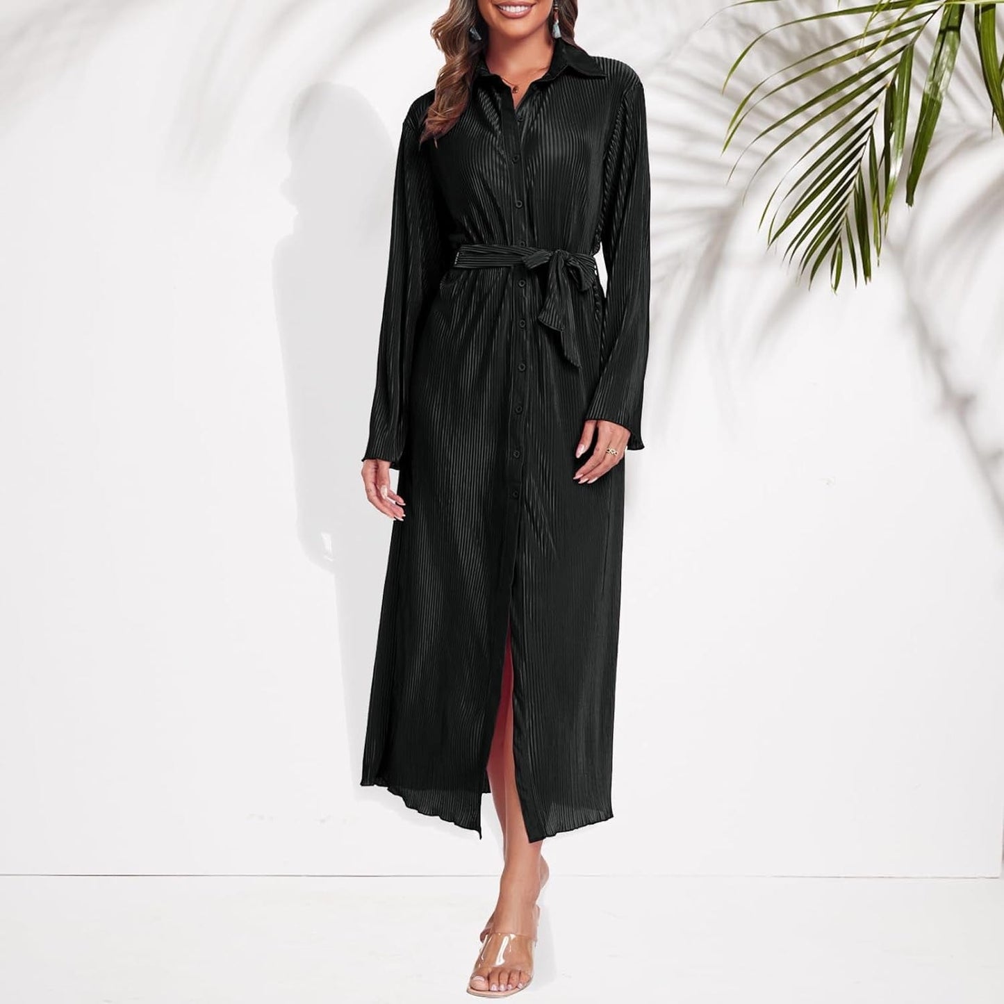 Neufigr Shirt Dresses for Women 2023 Fall Dresses Vneck Long Sleeve Maxi Button down Dress Casual Ruffle Tunic Tops with Belt
