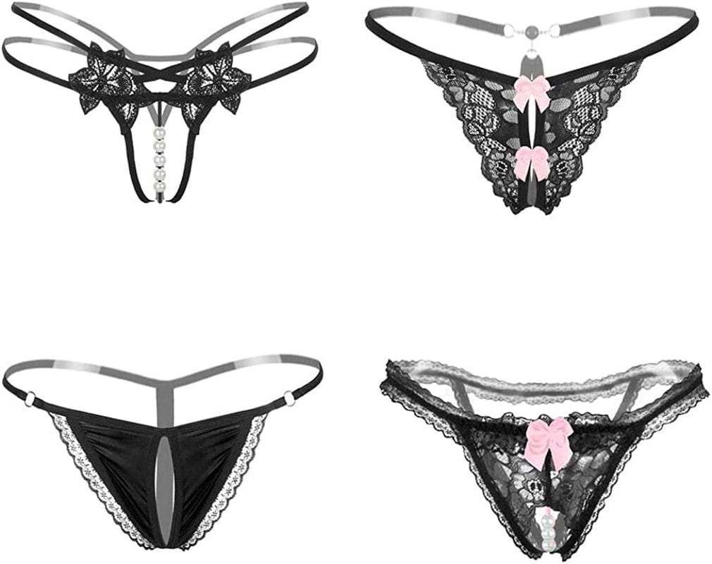 Nightaste Black Lingerie Thongs for Women, 6-Pack Sexy Assorted Floral Lace Bow-Knot T-String Panties 4black / Medium