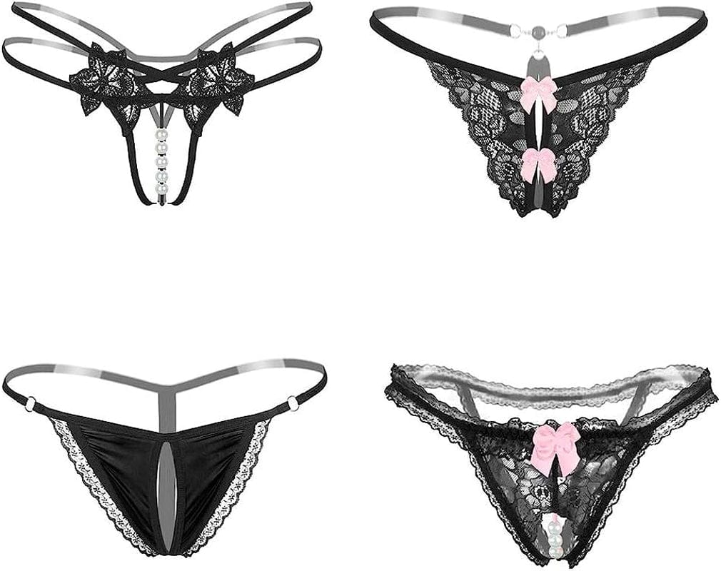 Nightaste Black Lingerie Thongs for Women, 6-Pack Sexy Assorted Floral Lace Bow-Knot T-String Panties 4black / Large