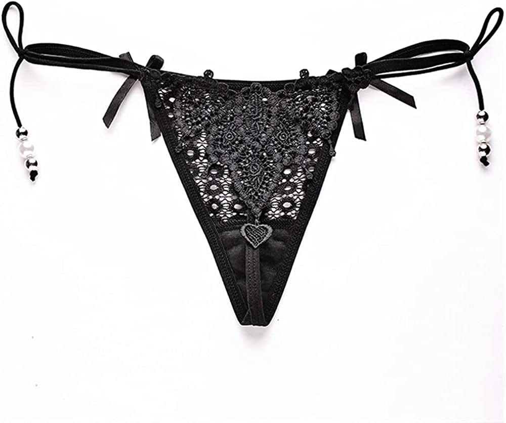 Nightaste Black Lingerie Thongs for Women, 6-Pack Sexy Assorted Floral Lace Bow-Knot T-String Panties