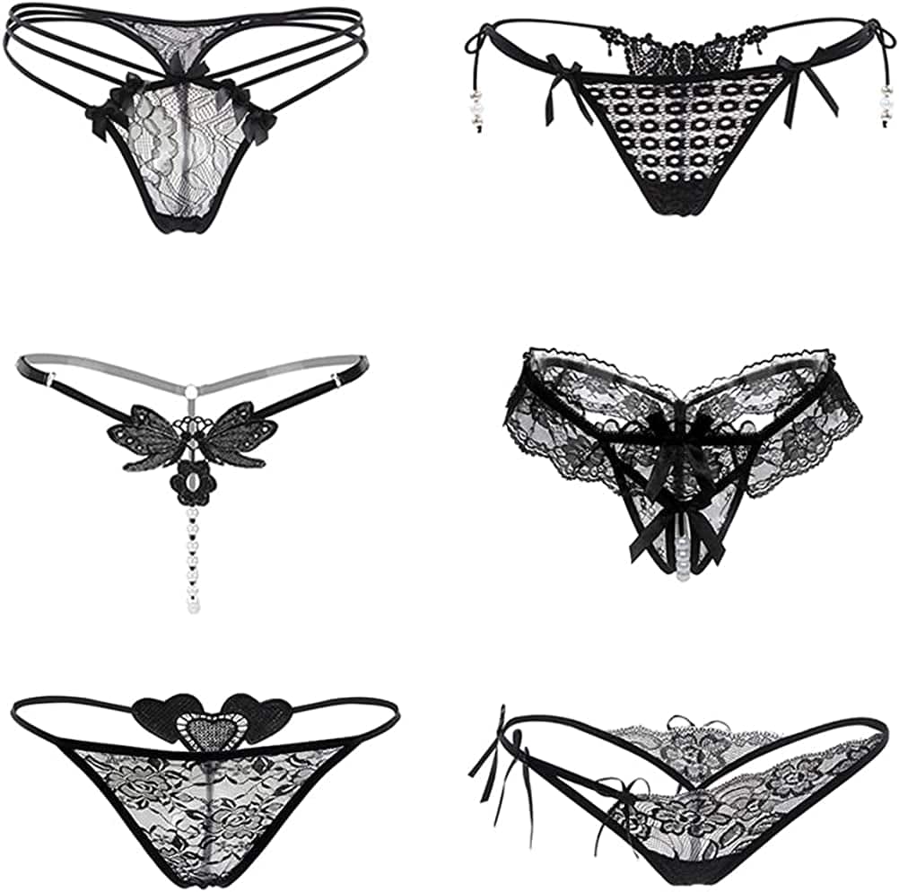 Nightaste Black Lingerie Thongs for Women, 6-Pack Sexy Assorted Floral Lace Bow-Knot T-String Panties Style1 / Large