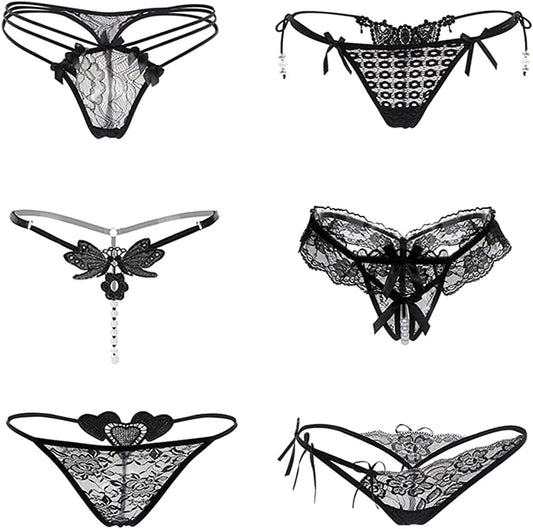 Nightaste Black Lingerie Thongs for Women, 6-Pack Sexy Assorted Floral Lace Bow-Knot T-String Panties Style1 / Large