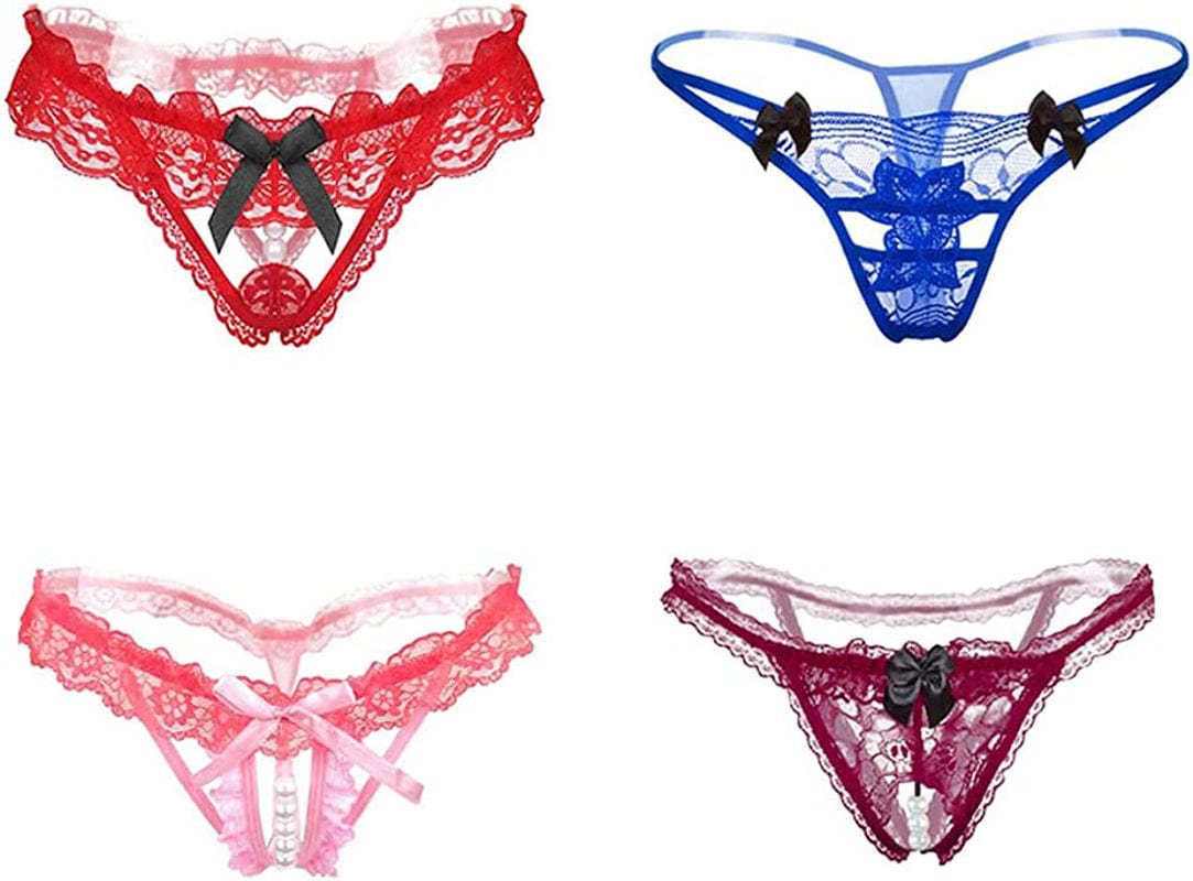Nightaste Women Assorted Lace G-String Underwear Pack of 4Pcs Cute Bow-Tie Lingerie Thongs Style2 / Small