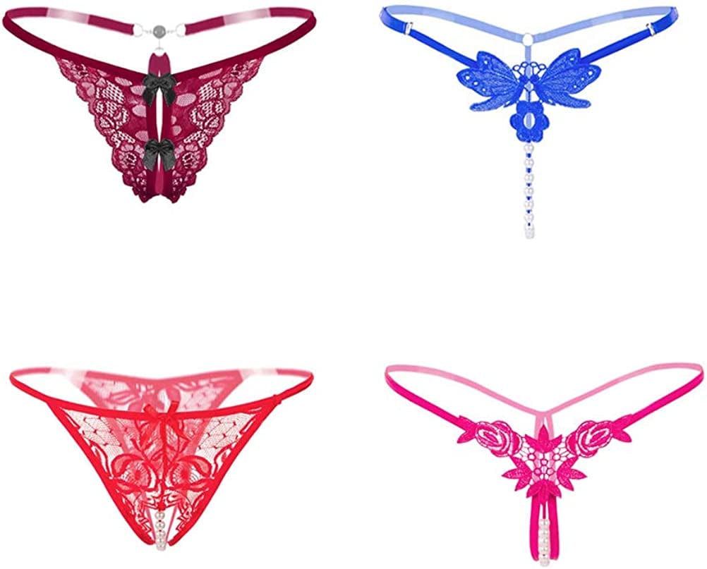 Nightaste Women Assorted Lace G-String Underwear Pack of 4Pcs Cute Bow-Tie Lingerie Thongs Style1 / Large