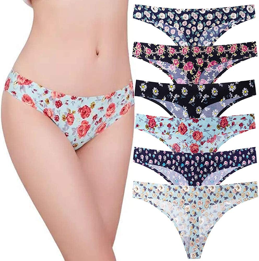 Nightaste Women'S Seamless Thong Underwear Pack of 6Pcs No Show G-String Panties 6 Pack Flower Prints / Small