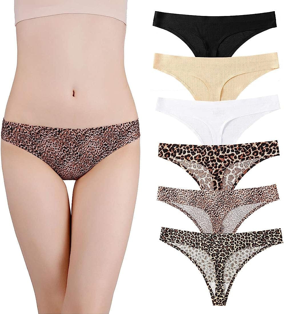 Nightaste Women'S Seamless Thong Underwear Pack of 6Pcs No Show G-String Panties Solid Color&leopard / Large