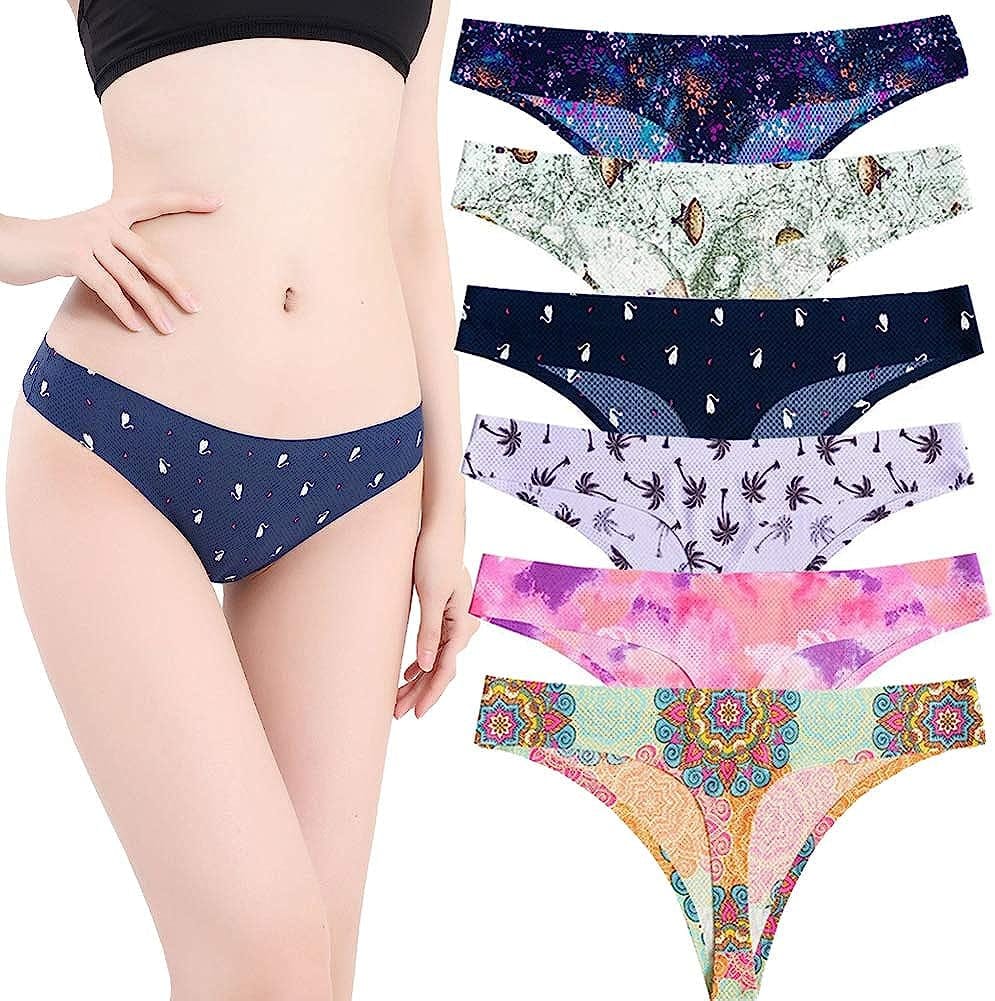 Nightaste Women'S Seamless Thong Underwear Pack of 6Pcs No Show G-String Panties 6 Pack Patterned / X-Large