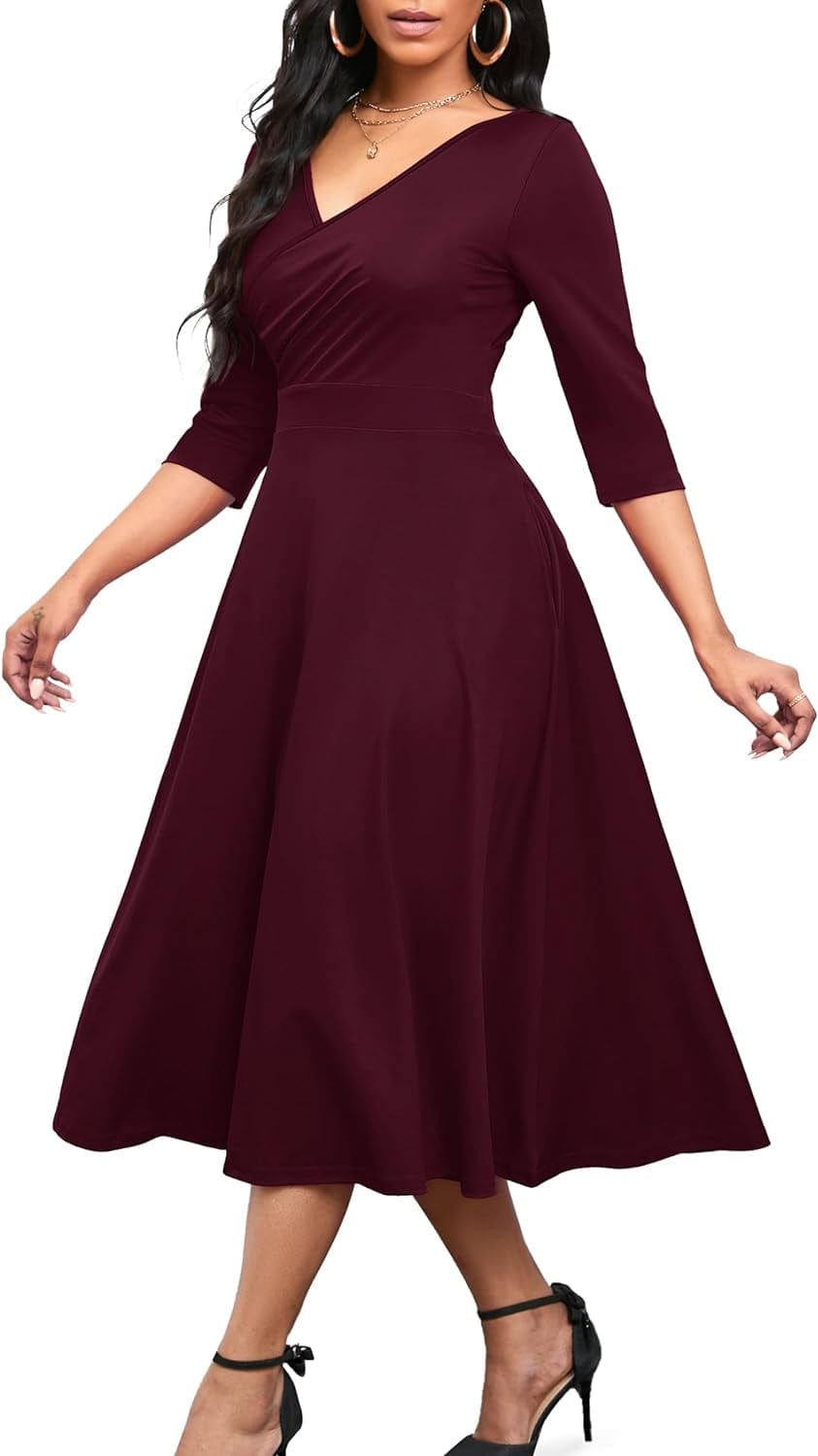 Nmoder Women'S Casual Wrap Flared Midi Dress Wedding Guest Cocktail Tea Dresses A-Line Swing V-Neck 3/4 Sleeve 008-Dark Red / Medium