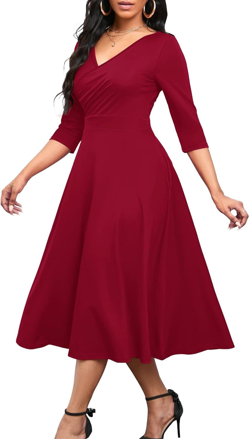 Nmoder Women'S Casual Wrap Flared Midi Dress Wedding Guest Cocktail Tea Dresses A-Line Swing V-Neck 3/4 Sleeve 001-Wine Red / X-Large