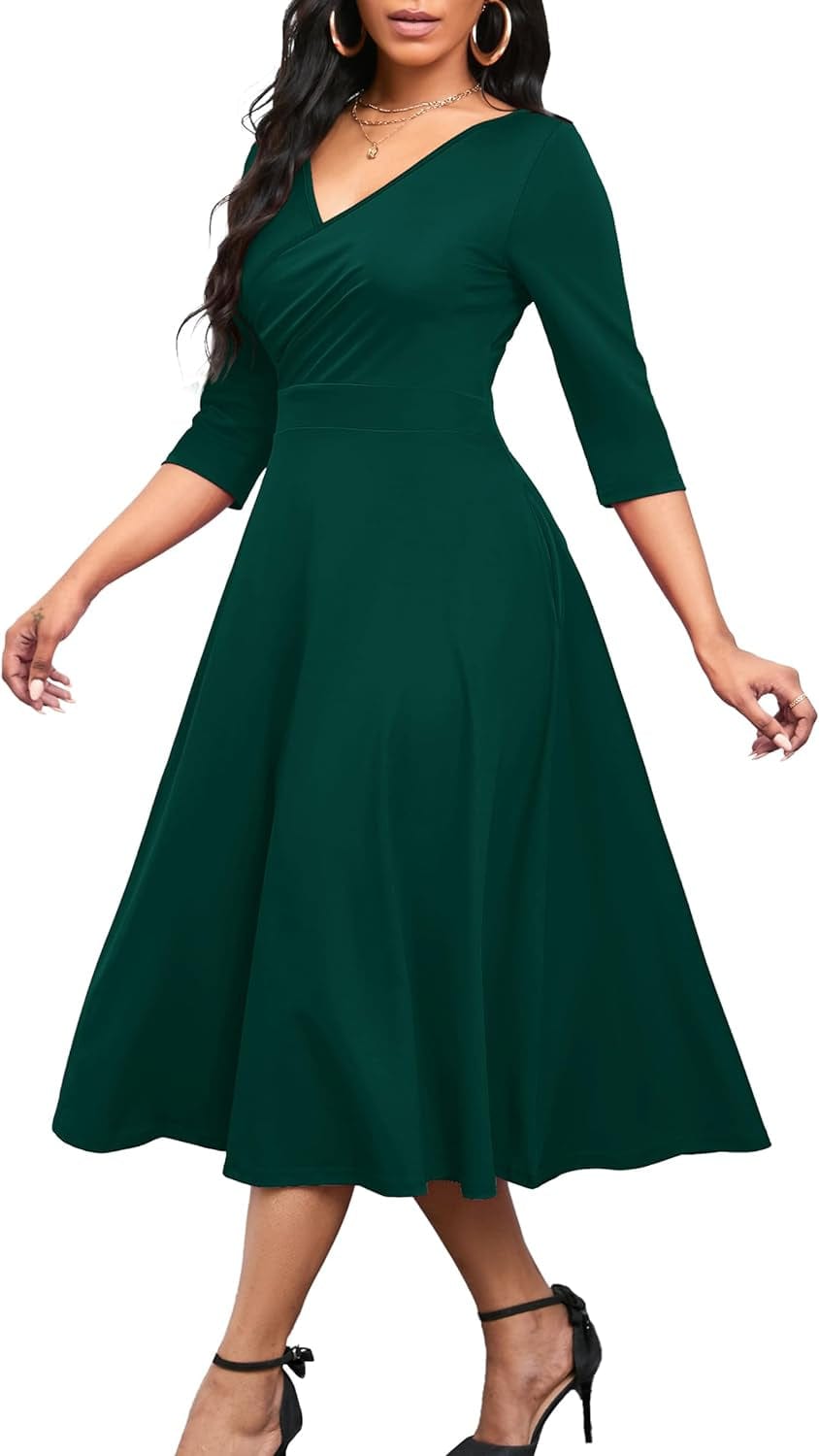 Nmoder Women'S Casual Wrap Flared Midi Dress Wedding Guest Cocktail Tea Dresses A-Line Swing V-Neck 3/4 Sleeve 004-Dark Green / Medium