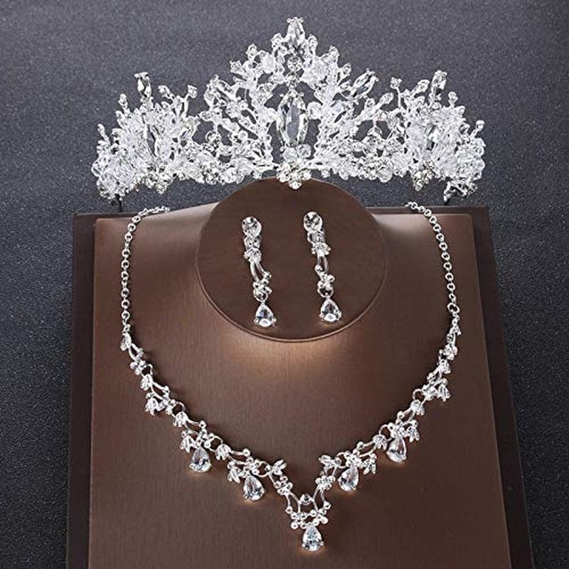 Noble Crystal Beads Heart Bridal Jewelry Sets Silver Fashion Wedding Jewelry Rhinestone Tiaras Crown Necklace Earrings for Bride