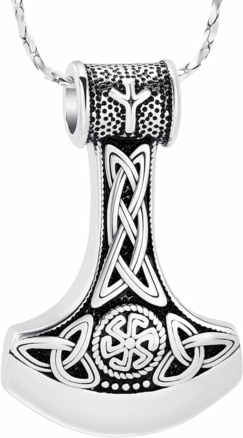 Norse Viking Thor'S Hammer Cremation Jewelry Urn Necklace for Ashes Holder for Women Men Stainless Steel Keepsake Memorial Pendant Jewelry for Ashes Axe Necklace-Silver