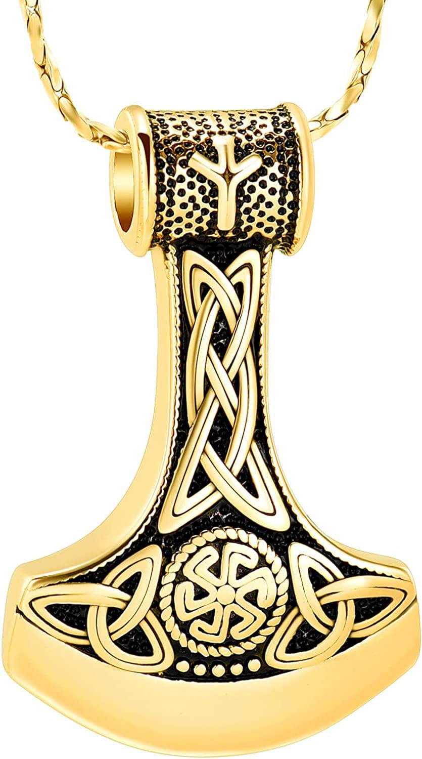 Norse Viking Thor'S Hammer Cremation Jewelry Urn Necklace for Ashes Holder for Women Men Stainless Steel Keepsake Memorial Pendant Jewelry for Ashes Axe Necklace-Gold
