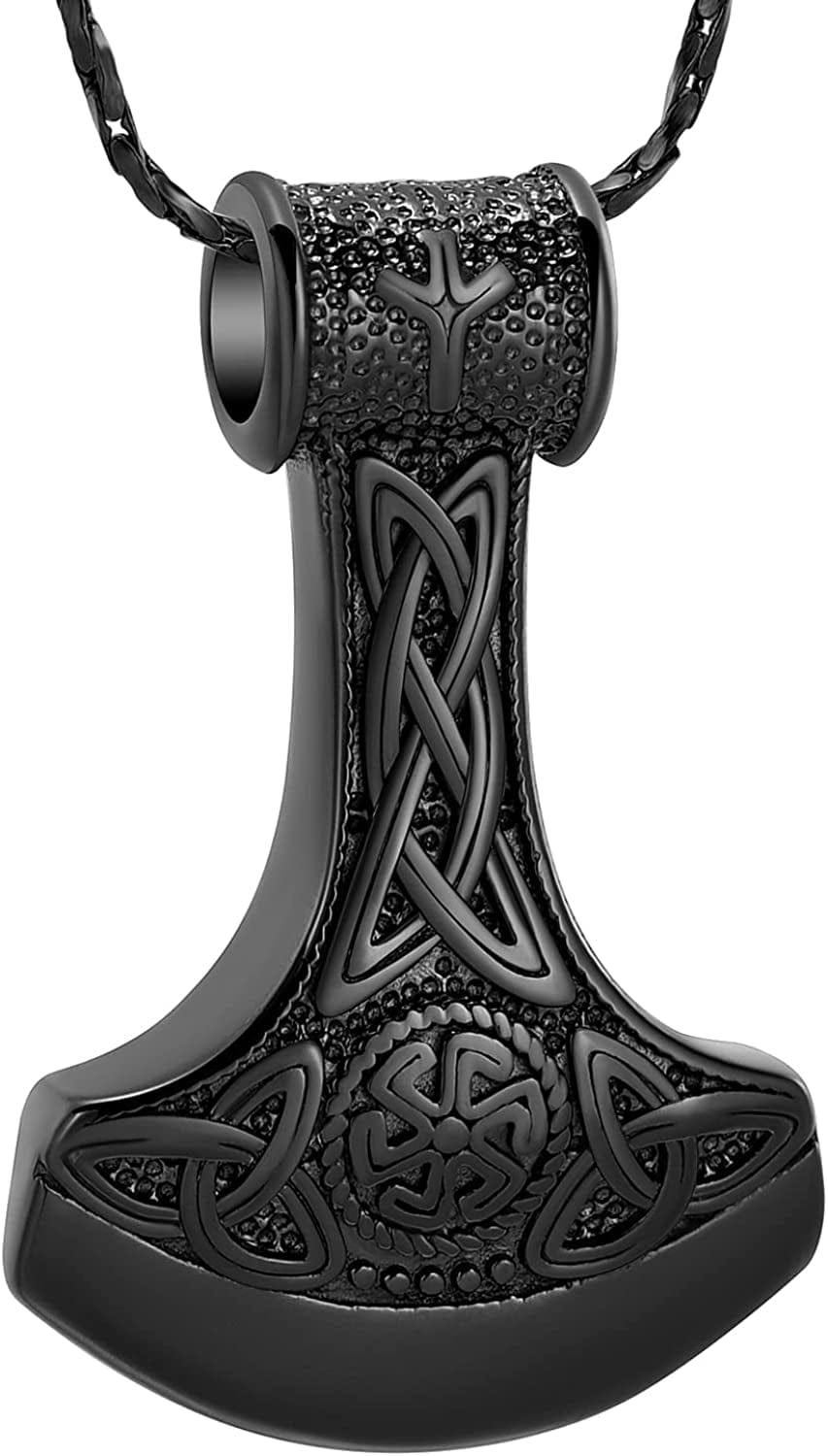 Norse Viking Thor'S Hammer Cremation Jewelry Urn Necklace for Ashes Holder for Women Men Stainless Steel Keepsake Memorial Pendant Jewelry for Ashes Axe Necklace-Black