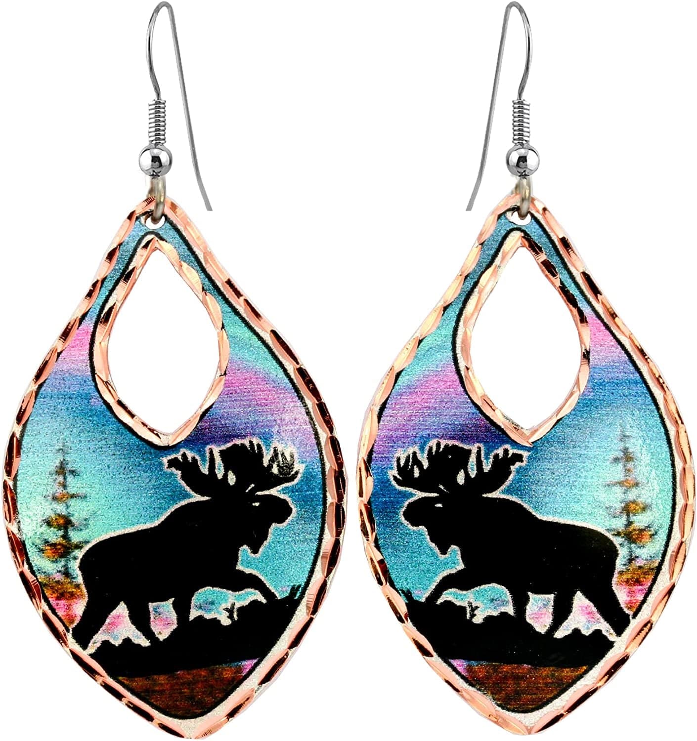 Northern Lights Eagle and Wolf Earrings for Women Girls, Alaska Wildlife Animal Earrings , Alaska Eagle Jewelry -Copper Handmade (Moose & Lights)