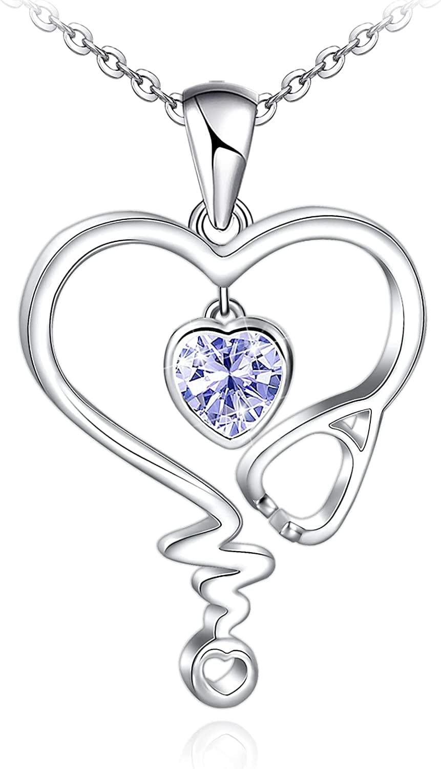 Nurse Necklace for Women 925 Sterling Silver Stethoscope Heartbeat Necklace Jewelry Gifts for Nurse Graduation Medical Student Doctor Sliver-06-Light Purple
