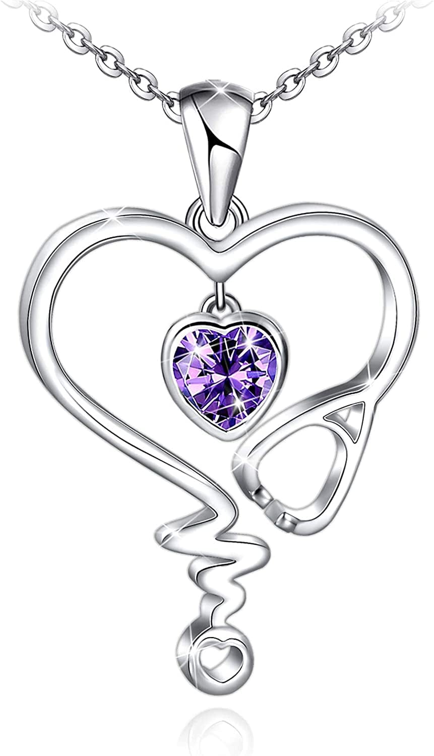 Nurse Necklace for Women 925 Sterling Silver Stethoscope Heartbeat Necklace Jewelry Gifts for Nurse Graduation Medical Student Doctor Sliver-02-Purple