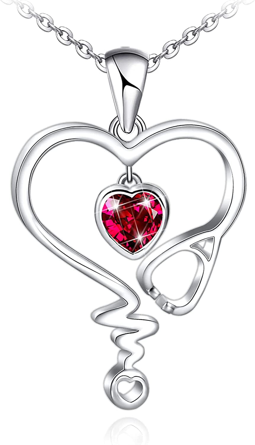 Nurse Necklace for Women 925 Sterling Silver Stethoscope Heartbeat Necklace Jewelry Gifts for Nurse Graduation Medical Student Doctor Sliver-07-Ruby