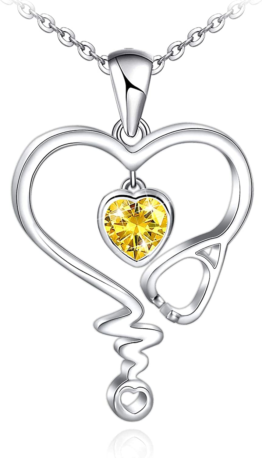 Nurse Necklace for Women 925 Sterling Silver Stethoscope Heartbeat Necklace Jewelry Gifts for Nurse Graduation Medical Student Doctor Sliver-11-Natural Citrine