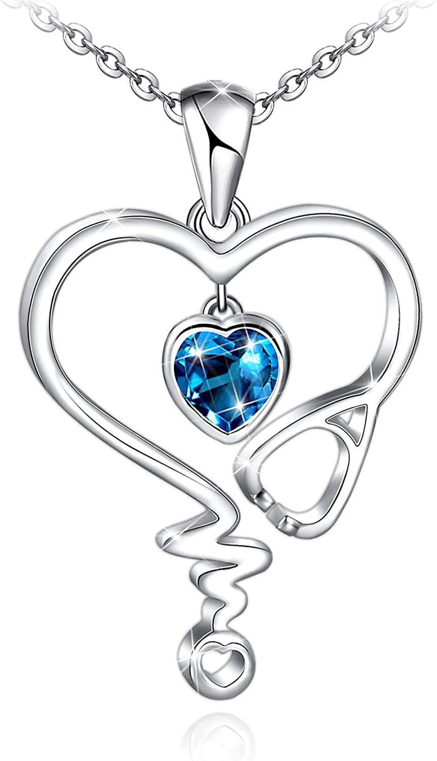 Nurse Necklace for Women 925 Sterling Silver Stethoscope Heartbeat Necklace Jewelry Gifts for Nurse Graduation Medical Student Doctor Sliver-09-Blue Spinel