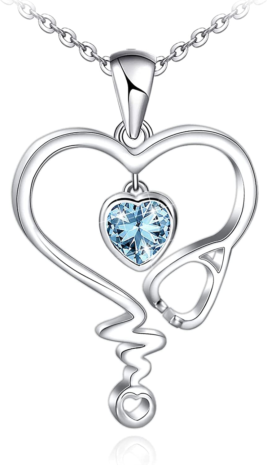 Nurse Necklace for Women 925 Sterling Silver Stethoscope Heartbeat Necklace Jewelry Gifts for Nurse Graduation Medical Student Doctor Sliver-03-Aquamarine