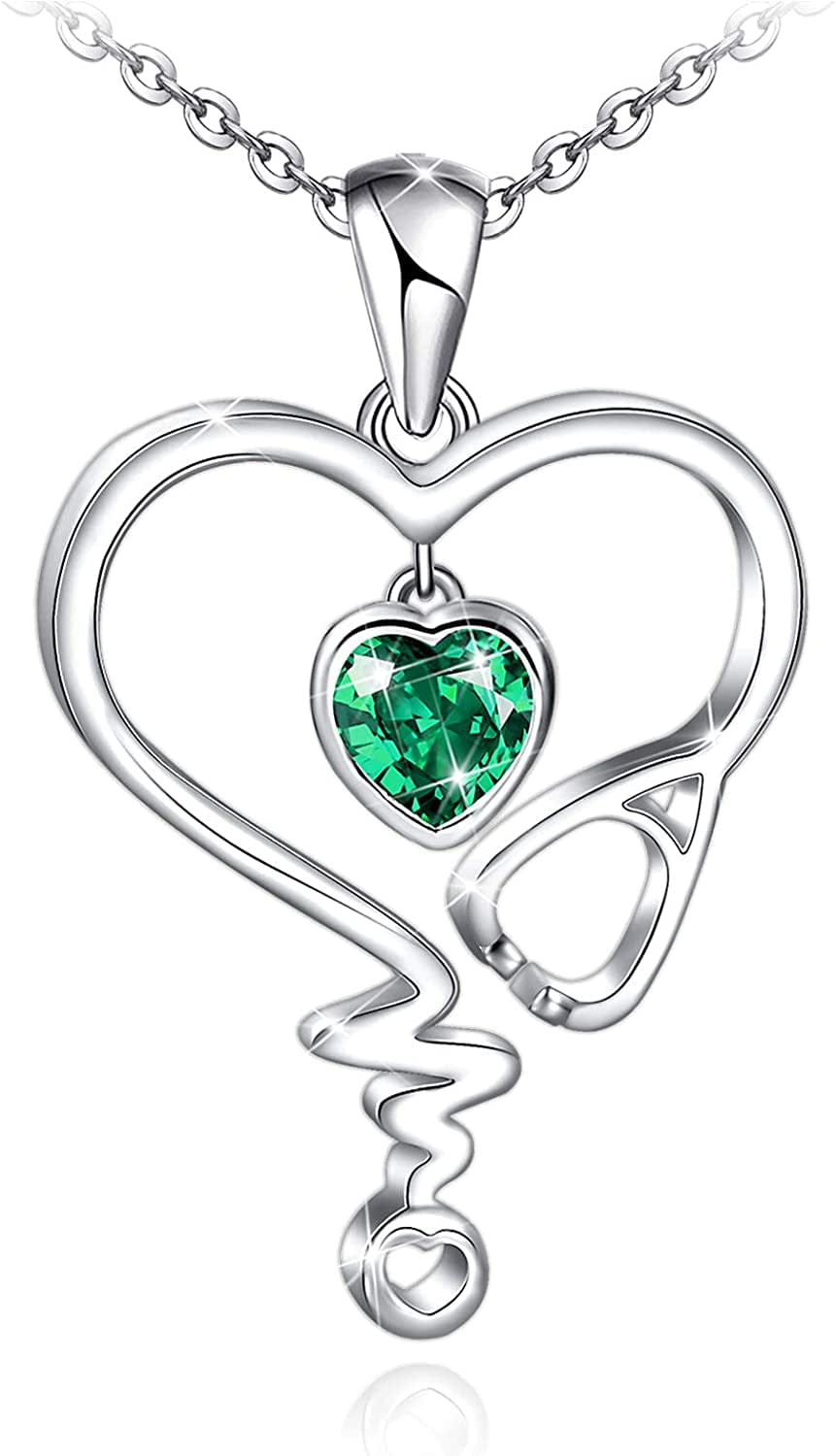 Nurse Necklace for Women 925 Sterling Silver Stethoscope Heartbeat Necklace Jewelry Gifts for Nurse Graduation Medical Student Doctor Sliver-05-Green
