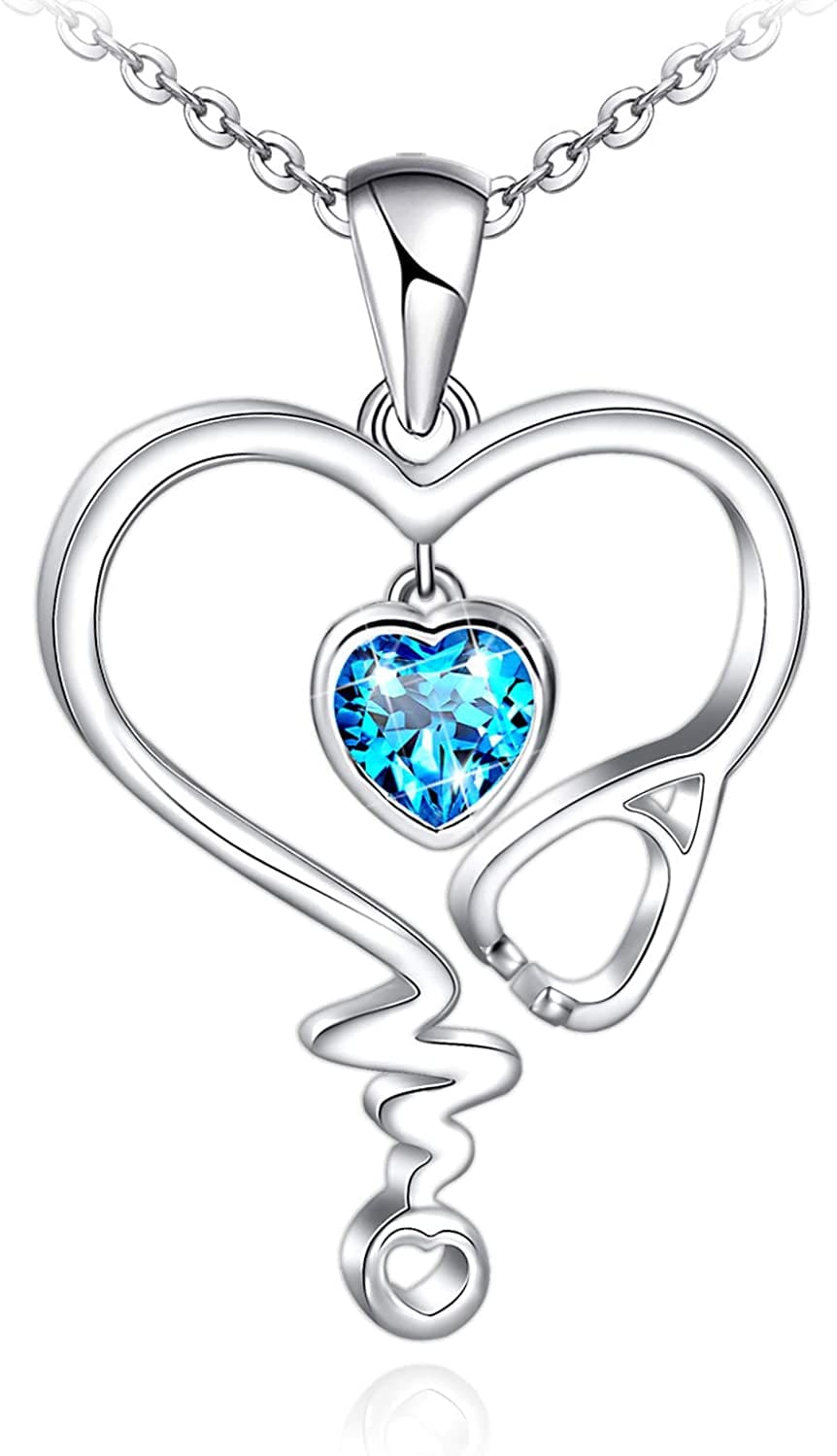 Nurse Necklace for Women 925 Sterling Silver Stethoscope Heartbeat Necklace Jewelry Gifts for Nurse Graduation Medical Student Doctor Sliver-12-Blue