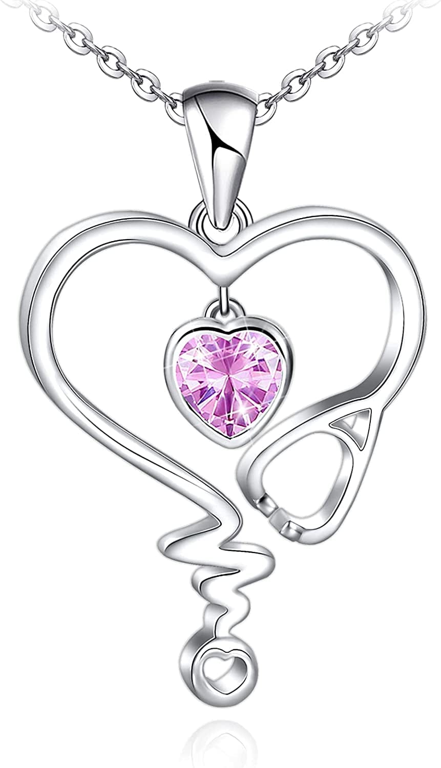 Nurse Necklace for Women 925 Sterling Silver Stethoscope Heartbeat Necklace Jewelry Gifts for Nurse Graduation Medical Student Doctor Sliver-10-Pink