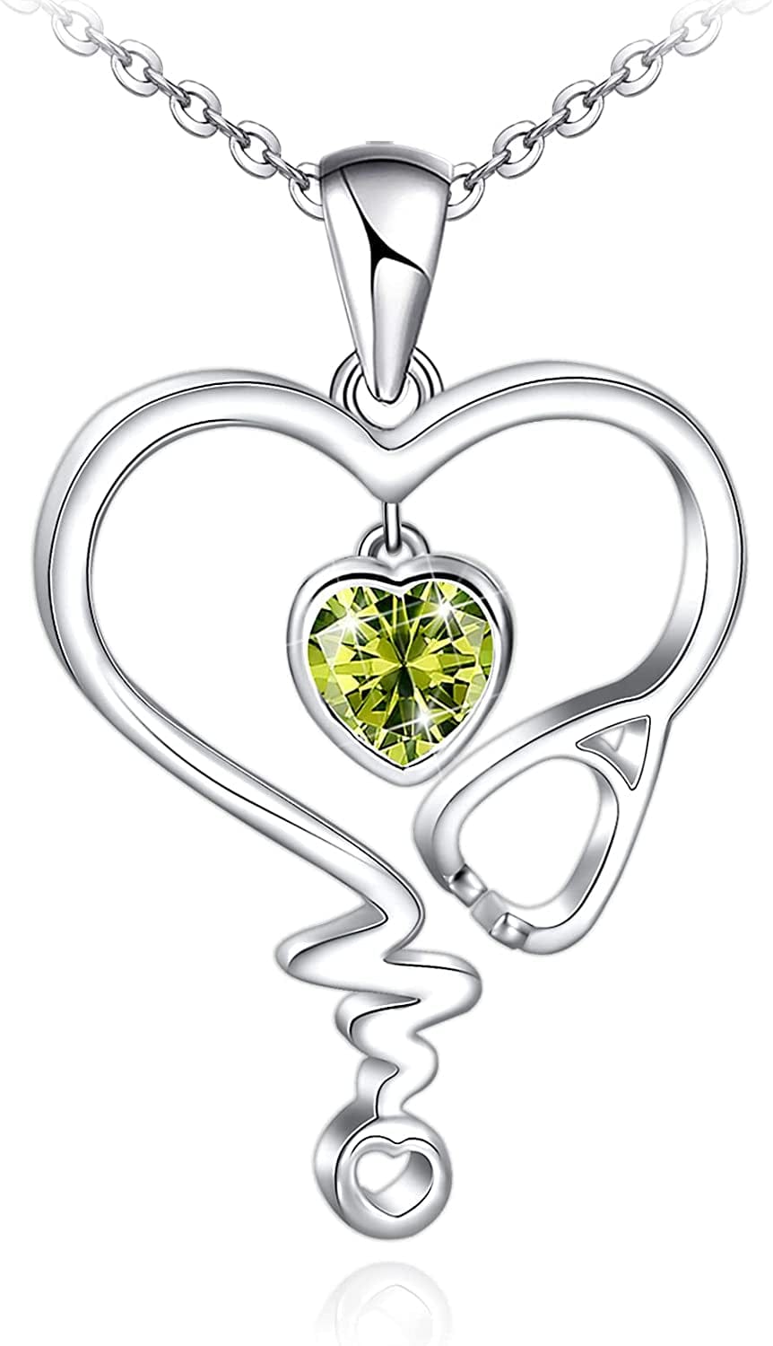 Nurse Necklace for Women 925 Sterling Silver Stethoscope Heartbeat Necklace Jewelry Gifts for Nurse Graduation Medical Student Doctor Sliver-08-Peridot