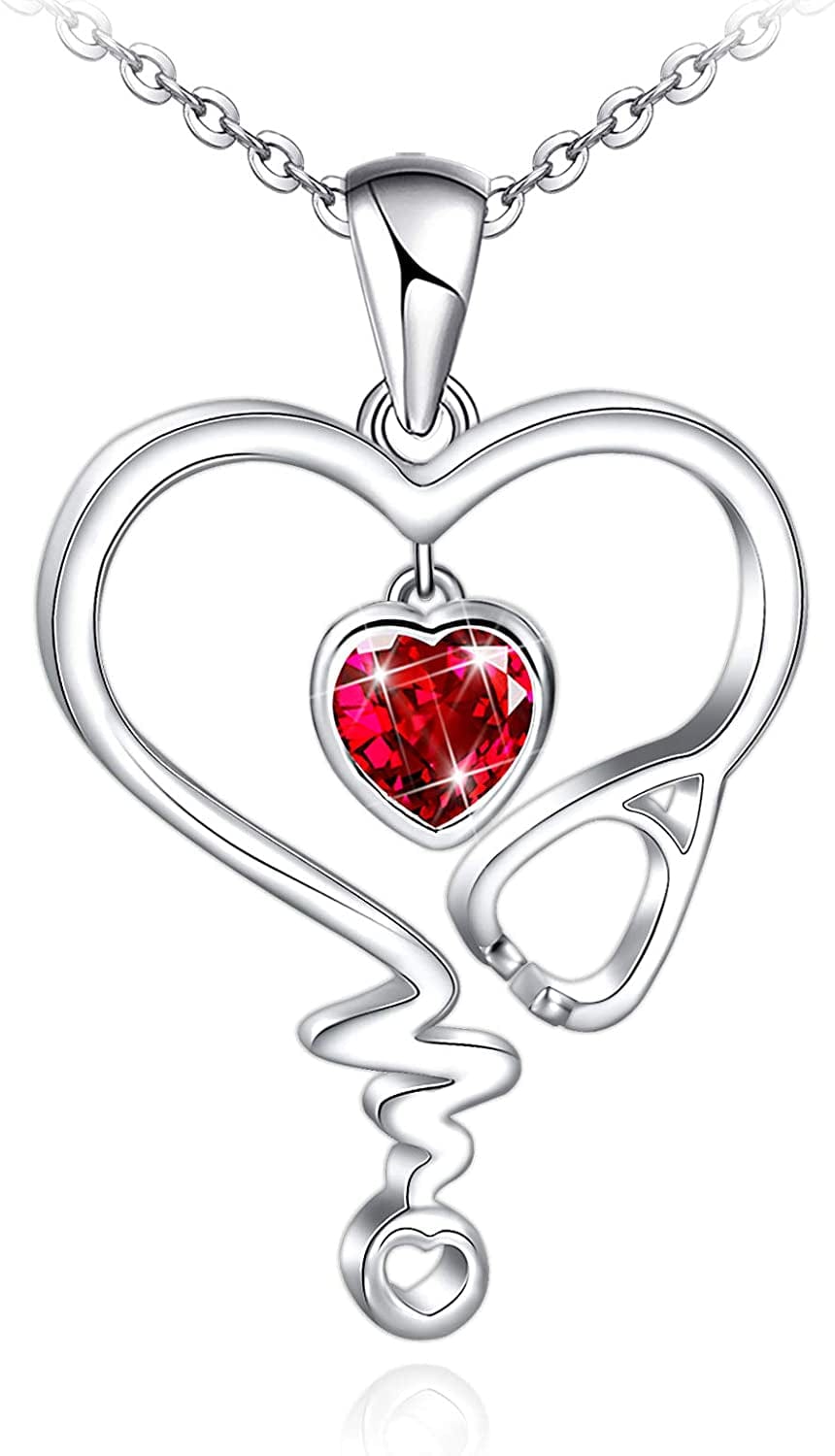 Nurse Necklace for Women 925 Sterling Silver Stethoscope Heartbeat Necklace Jewelry Gifts for Nurse Graduation Medical Student Doctor Sliver-01-Natural Garnet