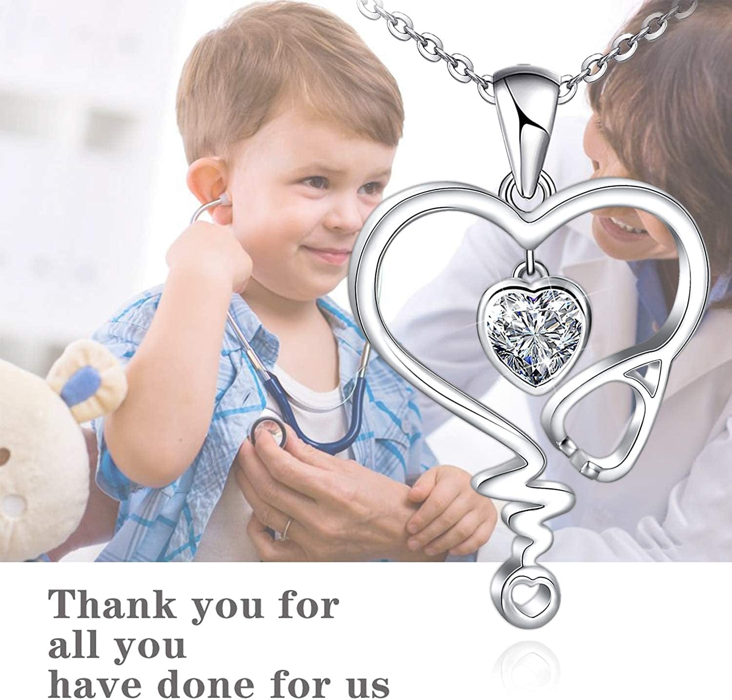 Nurse Necklace for Women 925 Sterling Silver Stethoscope Heartbeat Necklace Jewelry Gifts for Nurse Graduation Medical Student Doctor