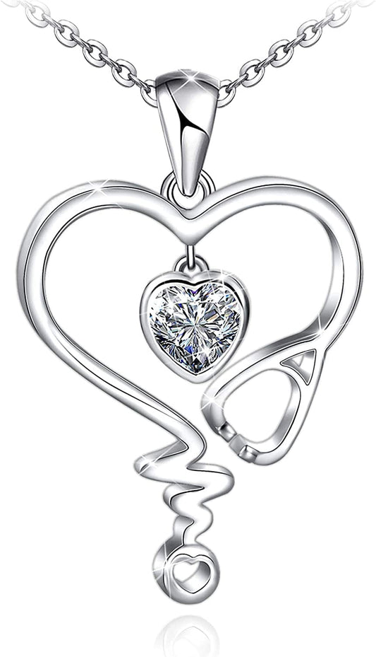 Nurse Necklace for Women 925 Sterling Silver Stethoscope Heartbeat Necklace Jewelry Gifts for Nurse Graduation Medical Student Doctor Sliver-04-White