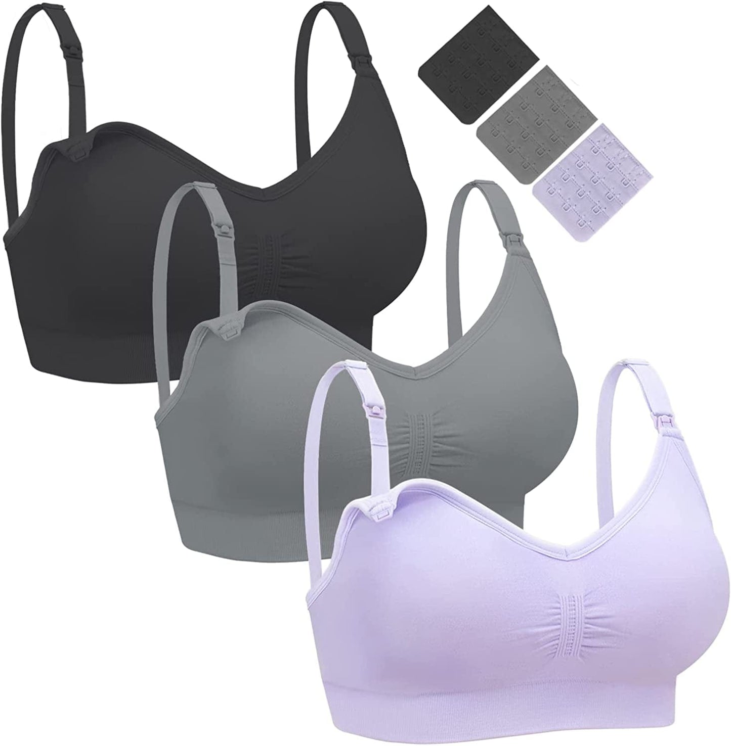 Nursing Bra 3 Pack Womens Maternity Breastfeeding Bra Wireless Sleep Bra Bralette with Extenders & Clips Black/Purple/Grey / X-Large
