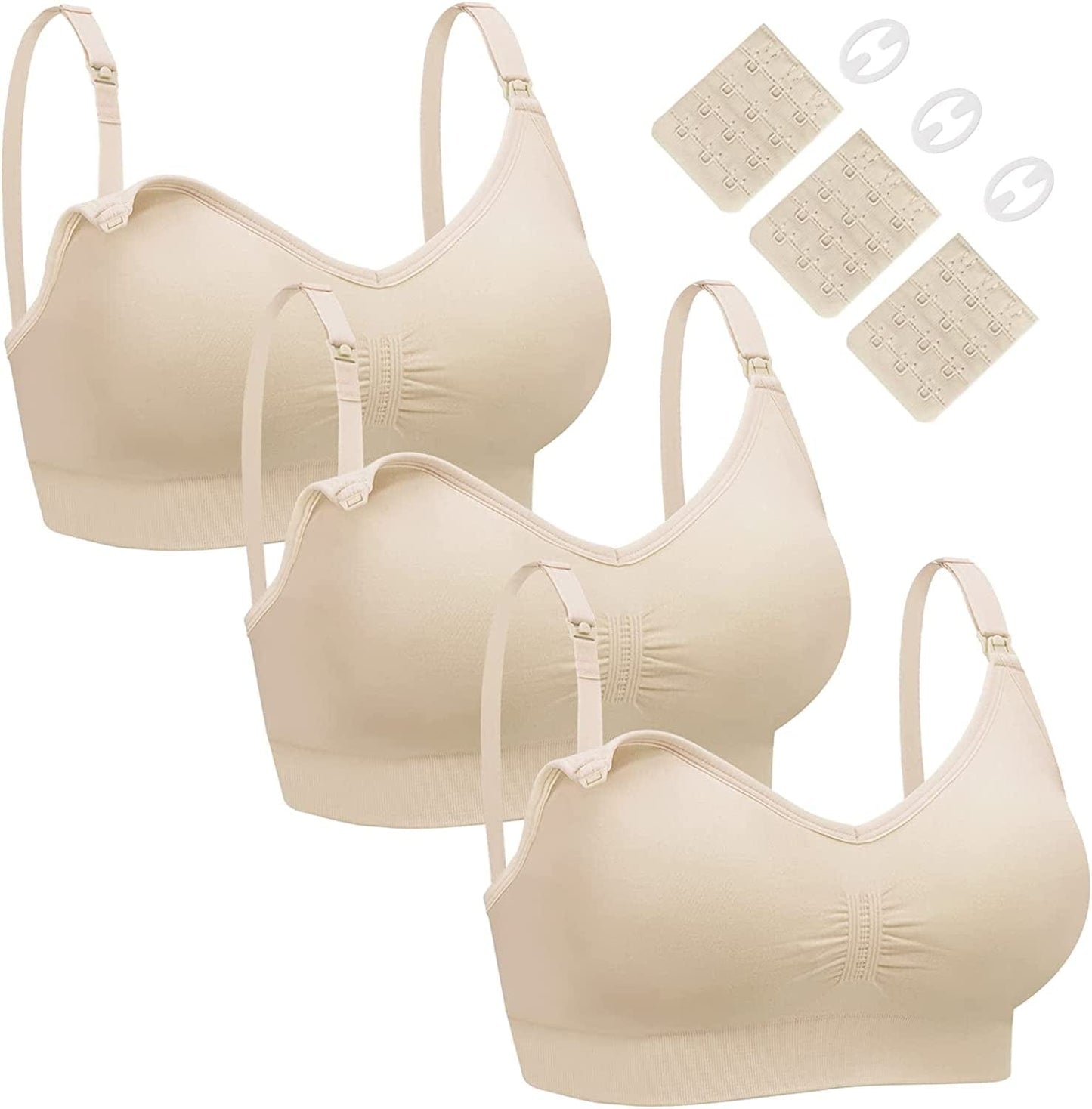 Nursing Bra 3 Pack Womens Maternity Breastfeeding Bra Wireless Sleep Bra Bralette with Extenders & Clips 3 × Beige / Small