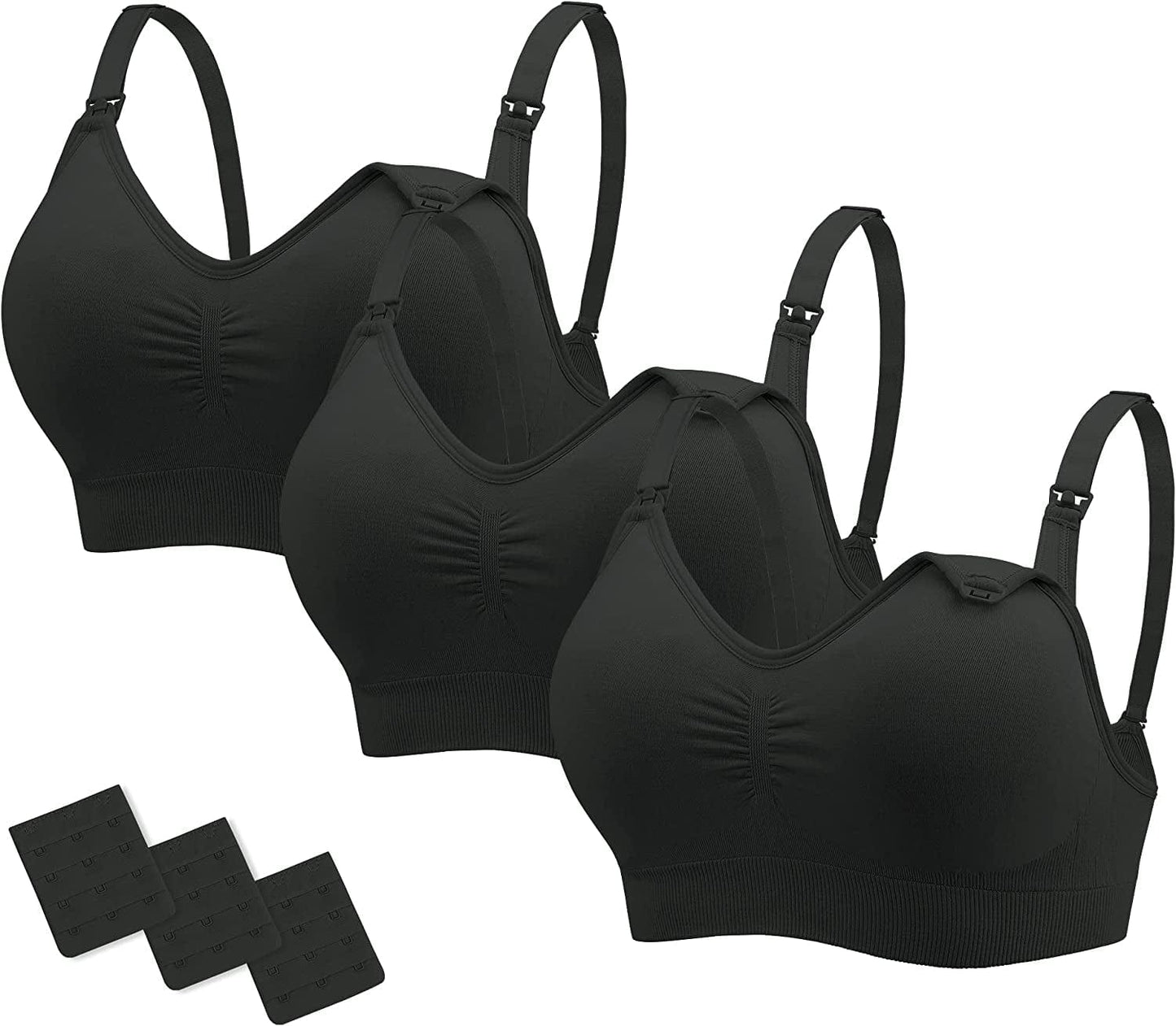 Nursing Bras Maternity Bra for Breastfeeding Pregnancy Wireless Bralette with Pads, Extenders & Clips Pack of 2/3 3 Pack Black / Small