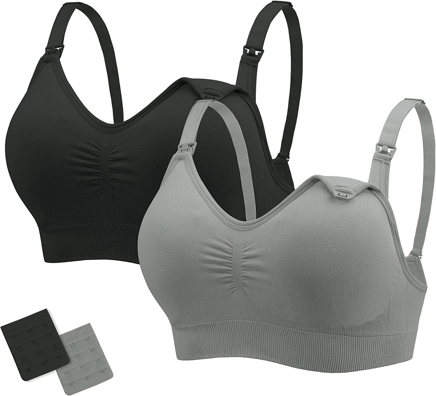 Nursing Bras Maternity Bra for Breastfeeding Pregnancy Wireless Bralette with Pads, Extenders & Clips Pack of 2/3 Black+gray / X-Large