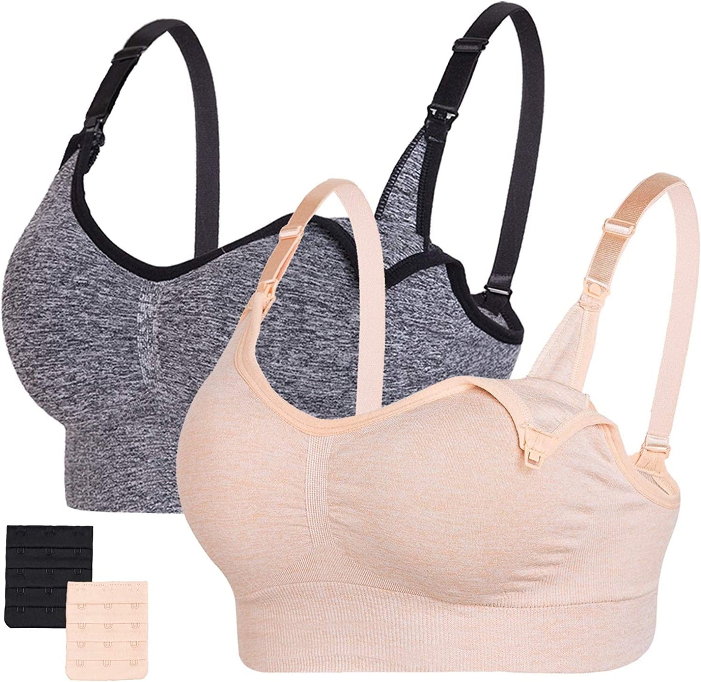 Nursing Bras Maternity Bra for Breastfeeding Pregnancy Wireless Bralette with Pads, Extenders & Clips Pack of 2/3 Black Heather+beige Heather / Medium