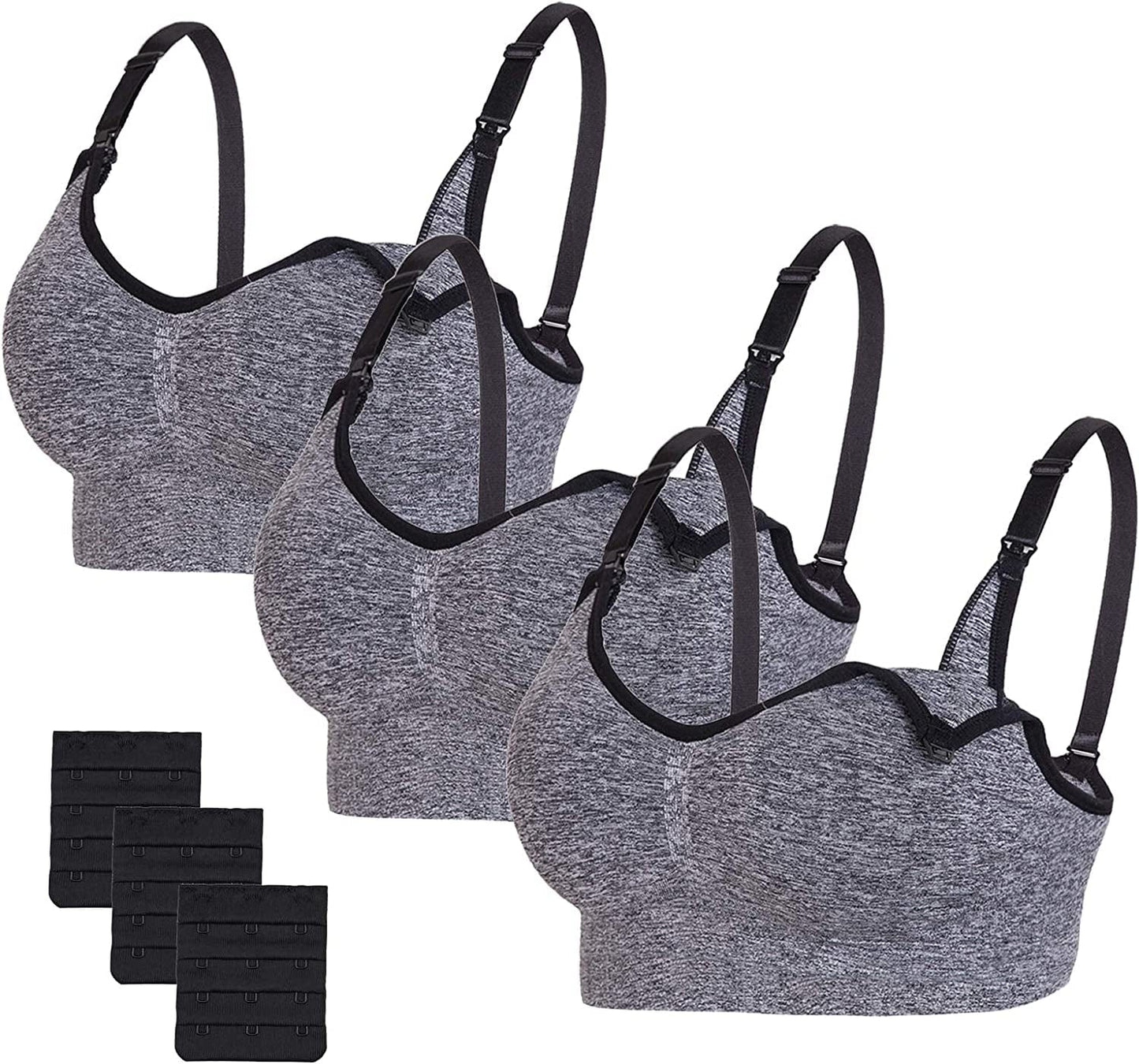 Nursing Bras Maternity Bra for Breastfeeding Pregnancy Wireless Bralette with Pads, Extenders & Clips Pack of 2/3 3 Pack Black Heather / Medium