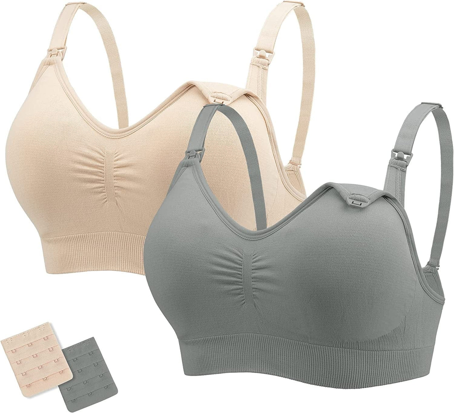 Nursing Bras Maternity Bra for Breastfeeding Pregnancy Wireless Bralette with Pads, Extenders & Clips Pack of 2/3 Gray+beige / XX-Large